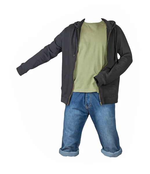 Jeans Dunkelblaue Shorts Olivfarbenes Shirt Und Schwarzes Sweatshirt Mit Reißverschluss — Stockfoto