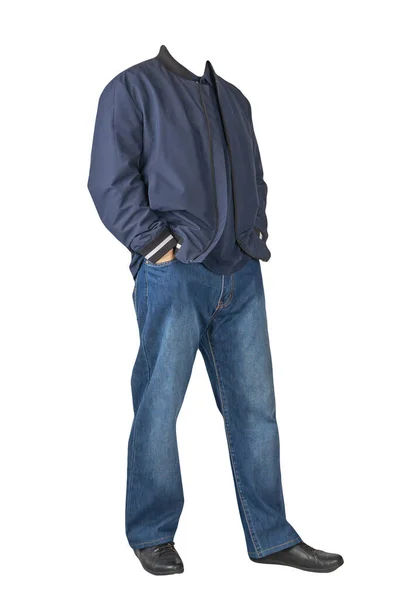 Mörkblå Jeans Mörkblå Shirt Med Krage Knappar Mörkblå Bombare Jacka — Stockfoto