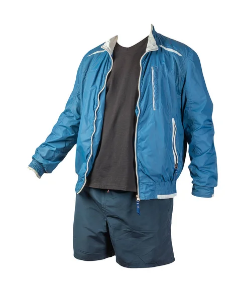 Mens Azul Jaqueta Blusão Branco Shirt Preta Calções Esportivos Azul — Fotografia de Stock