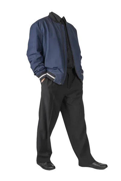 Chaqueta Bombardero Azul Oscuro Masculino Camisa Negra Pantalones Negros Zapatos —  Fotos de Stock