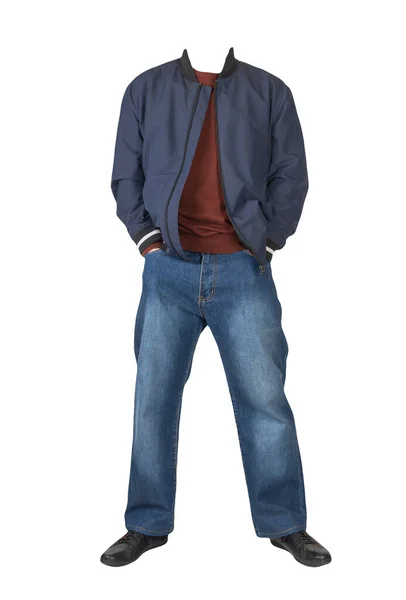 Dark Blue Jeans Dark Red Sweater Dark Blue Bomber Jacket — Stock Photo, Image