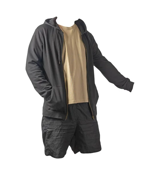 Camisola Preta Com Capuz Zíper Ferro Camiseta Bege Shorts Esportivos — Fotografia de Stock