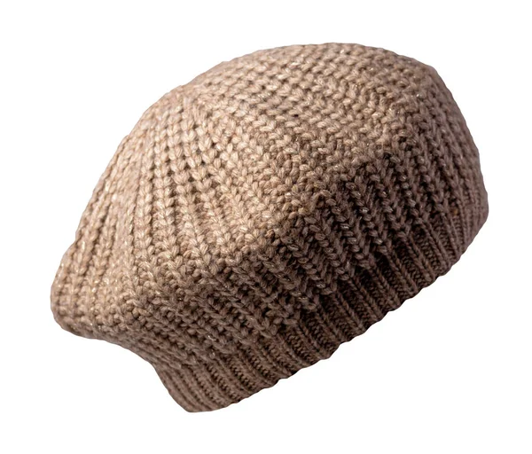 Gestrickte Weibliche Beige Baskenmütze Isoliert Auf Weißem Hintergrund Herbst Accessoire — Stockfoto