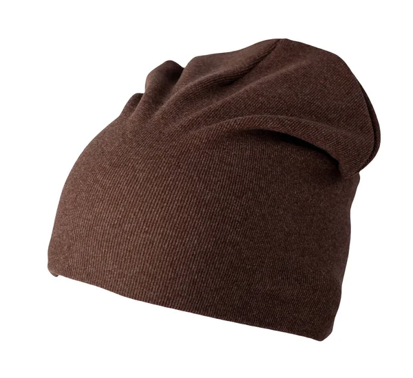 Bonnet Brun Tricoté Isolé Sur Fond Blanc Accessoire Hiver Chaud — Photo