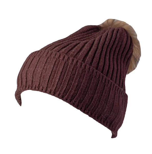 白を基調としたベージュのポンポンで編んだ女性用ブラウンの帽子 暖かい冬のアクセサリー — ストック写真