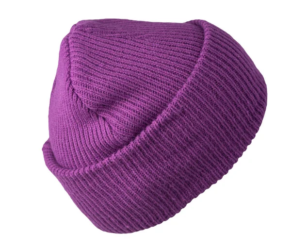Purple Hat Knitted Isolated White Background Warm Winter Accessory Hat — Stock Photo, Image