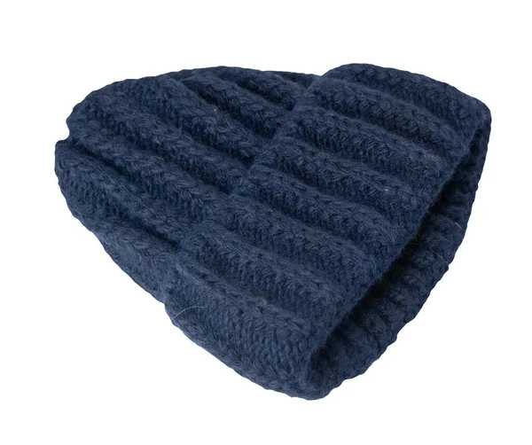 Dunkelblaue Strickmütze Auf Weißem Hintergrund Warmes Winter Accessoire — Stockfoto