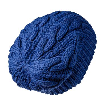 Kadın mavi şapkası. Örgü şapka beyaz arkaplanda izole.