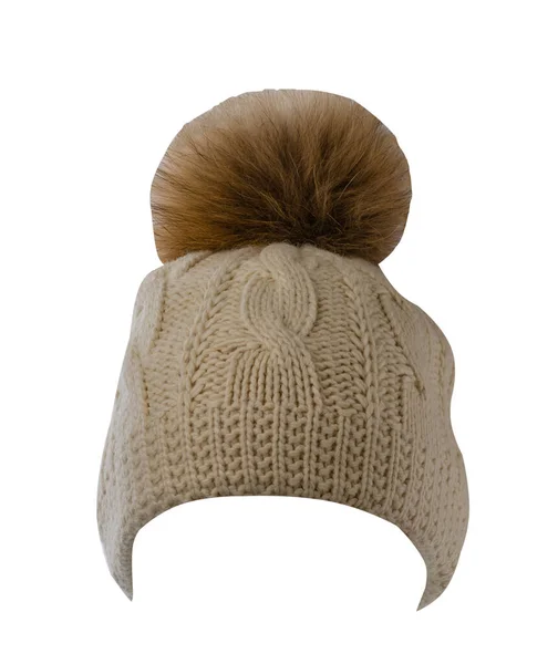 Stickad Beige Hatt Isolerad Vit Bakgrund Hatt Med Brun Garnboll — Stockfoto