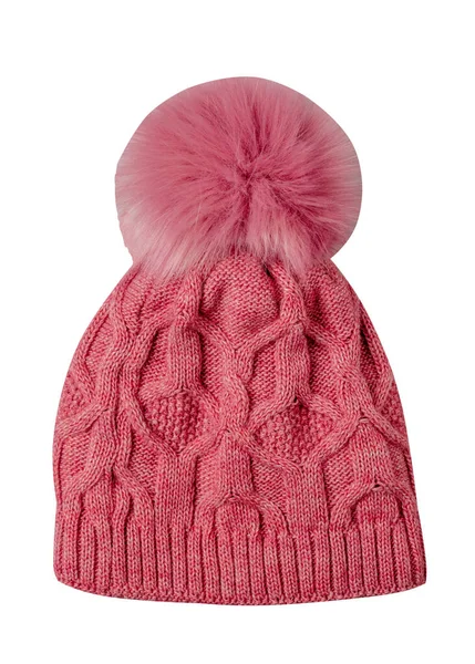 Chapeau Rouge Tricoté Isolé Sur Fond Blanc Chapeau Avec Pompon — Photo