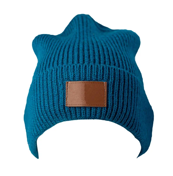 Chapeau Bleu Tricoté Isolé Sur Fond Blanc Accessoire Hiver Chaud — Photo