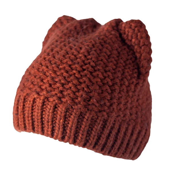 女式针织棕色帽子 白色背景隔离 暖冬饰物 — 图库照片