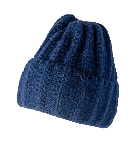 Chapeau Bleu Foncé Tricoté Isolé Sur Fond Blanc Accessoire Hiver — Photo