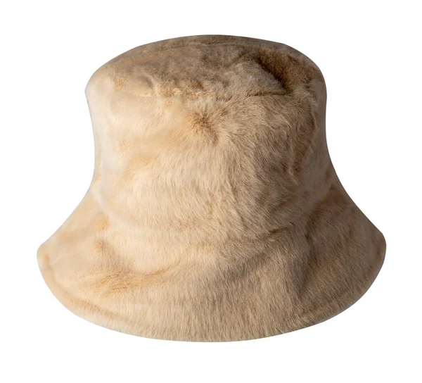 秋天米黄色的桶帽 白色背景的人造毛皮 渔夫的帽子 爱尔兰乡村帽 会话帽 巴拿马 — 图库照片