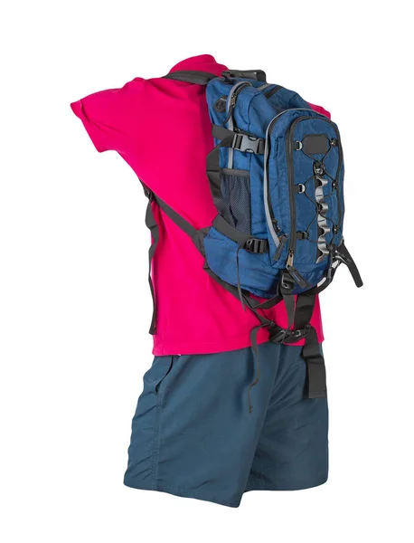 Denim Blue Backpack Dark Blue Sports Shorts Red Shirt Collar — 图库照片
