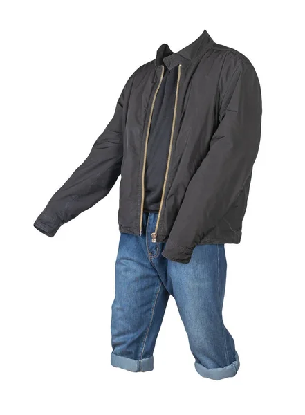 Denim blue shorts,black sweater and black bomber jacket on the zipper isolated on white background