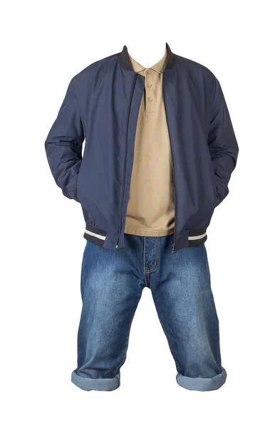 Denim Mörkblå Shorts Biege Shirt Med Krage Knappar Och Mörkblå — Stockfoto