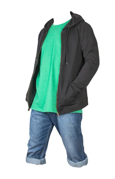 Denim Dark Blue Shorts Green Shirt Black Sweatshirt Zipper Hood — Stock Photo, Image