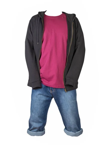 Denim Dark Blue Shorts Burgundy Shirt Black Sweatshirt Zipper Hood — Stok Foto