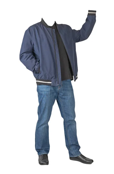 ダークブルーのジーンズ ブラックのTシャツ ダークブルーの爆撃機のジャケットと白の背景に隔離された黒の革の靴 — ストック写真