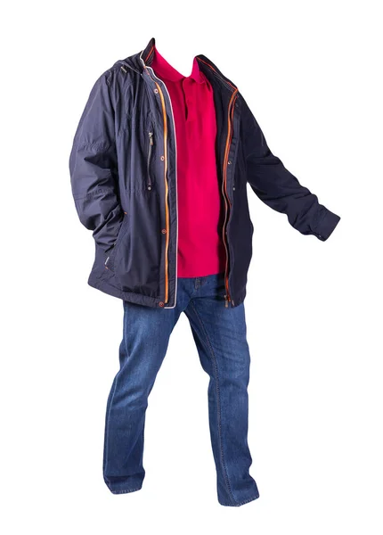 Casaco Azul Escuro Com Zíper Camisa Vermelha Jeans Azul Isolado — Fotografia de Stock
