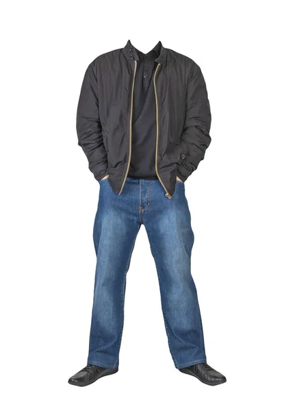 Jeans Biru Tua Sweater Hitam Jaket Hitam Dan Sepatu Kulit — Stok Foto