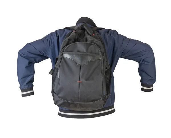 黒のバックパックを着たダークブルーの爆撃機のジャケット白い背景に隔離された バックパックとジャケットのリアビュー — ストック写真