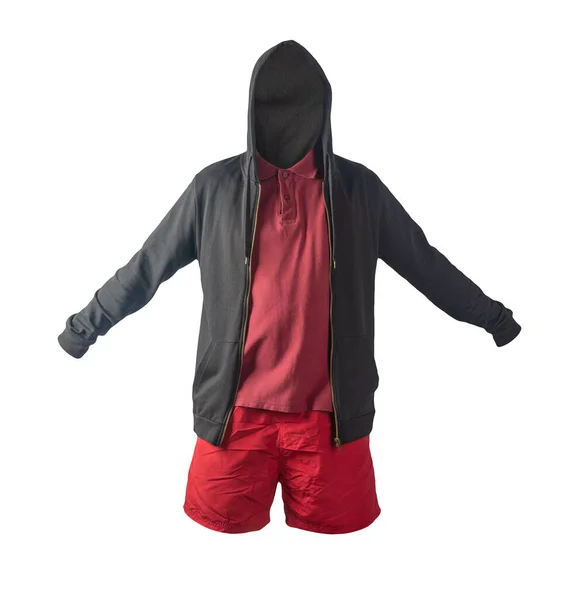 운동복에 아이언 색붉은 티셔츠 스포츠 팬츠가 배경에서 분리되어 평상복적 스포츠 — 스톡 사진