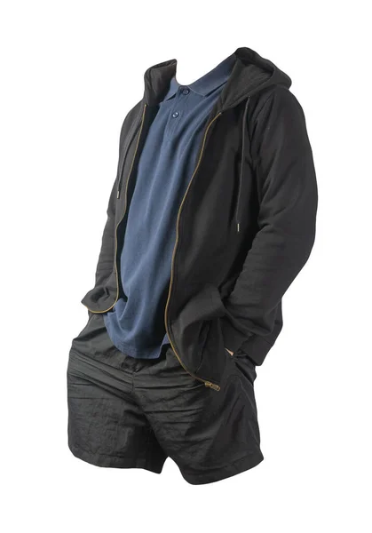 Zwart Sweatshirt Met Ijzeren Rits Hoodie Donkerblauw Shirt Zwarte Sportbroek — Stockfoto