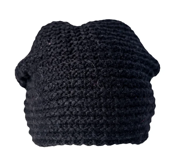 Gestrickte Schwarze Mütze Isoliert Auf Weißem Hintergrund Warmes Winter Accessoire — Stockfoto