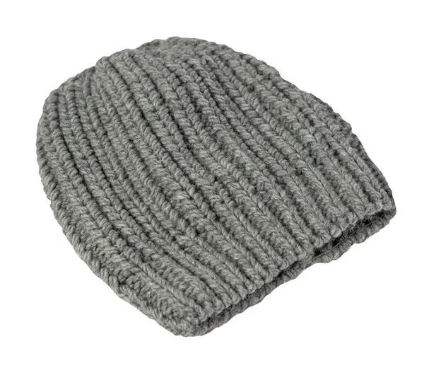 Graue Mütze Isoliert Auf Weißem Hintergrund Gestrickt Warmes Winter Accessoire — Stockfoto