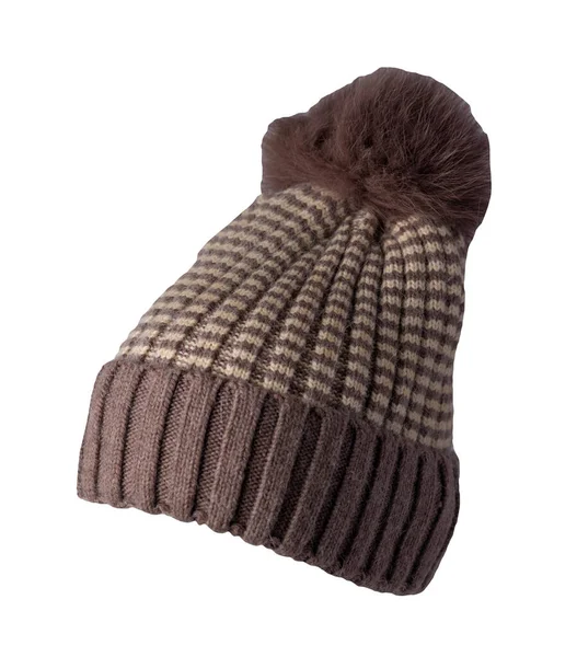 女人的褐色米色帽子 与白色背景的浮雕编织在一起 暖冬饰物 — 图库照片