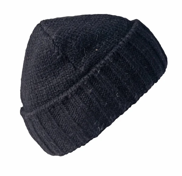 Πλεκτό Μαύρο Καπέλο Που Απομονώνεται Λευκό Φόντο Ζεστό Αξεσουάρ Χειμώνα — Φωτογραφία Αρχείου