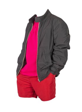 men's  black jacket,red shirt and red sports shorts isolated on white background. fashionable casual wear