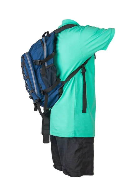 Jeansblauer Rucksack Schwarze Sporthose Dunkelblaues Hemd Mit Kragen Und Knöpfen — Stockfoto