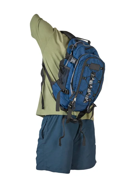 Jeansblauer Rucksack Dunkelblaue Sporthose Blaues Shirt Kleidung Für Jeden Tag — Stockfoto