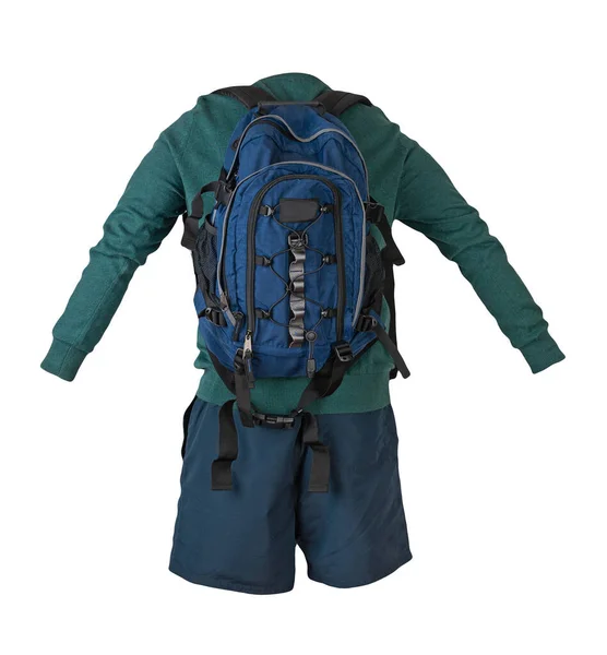Blauer Rucksack Dunkle Jogginghose Grüner Pullover Auf Weißem Hintergrund Freizeitkleidung — Stockfoto