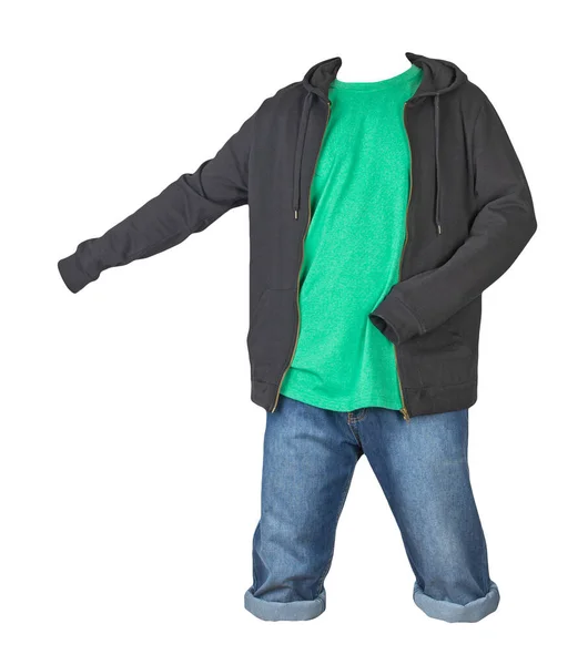 Denim Ciemnoniebieskie Szorty Zielony Shirt Czarna Bluza Zamkiem Błyskawicznym Kaptur — Zdjęcie stockowe