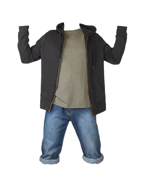 Denim Dark Blue Shorts Gray Shirt Black Sweatshirt Zipper Hood — Stok Foto