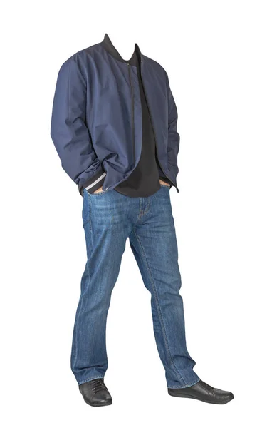 Ciemnoniebieskie Dżinsy Czarny Shirt Granatowa Kurtka Bombowa Czarne Skórzane Buty — Zdjęcie stockowe