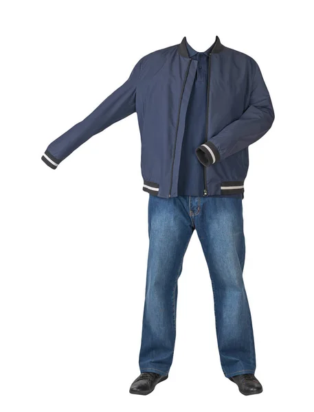 Dunkelblaue Jeans Dunkelblaues Shirt Mit Kragen Den Knöpfen Dunkelblaue Bomberjacke — Stockfoto