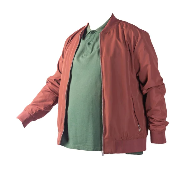 ダークレッドの男性用爆撃機のジャケットとダークグリーンのシャツは白地に隔離されてる ファッショナブルなカジュアルウェア — ストック写真