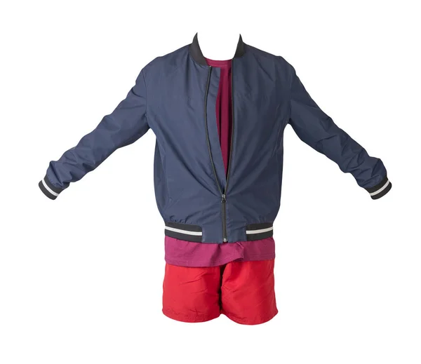 Mens Azul Escuro Jaqueta Bombardeiro Burgundy Shirt Esportes Shorts Vermelhos — Fotografia de Stock