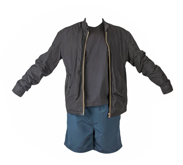 Jaqueta Preta Mens Shirt Preta Calções Azuis Escuros Esportes Isolados — Fotografia de Stock