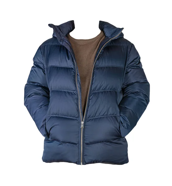 Dark Blue Jacket Hood Brown Sweater Isolated White Background — Stock Photo, Image
