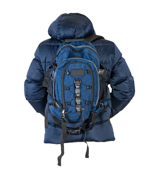 Blue Backpack Dressed Dark Blue Jacket Hood Isolated White Background — Stockfoto