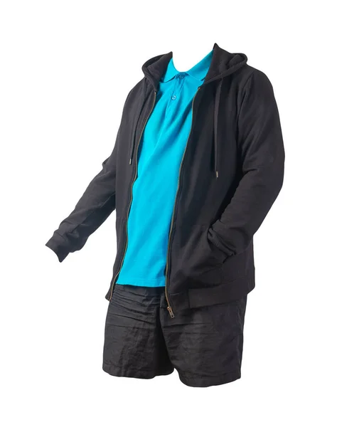 Camisola Preta Com Capuz Zíper Ferro Camiseta Azul Shorts Esportivos — Fotografia de Stock