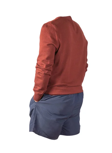 Gebreide Rode Trui Donkerblauwe Shorts Geïsoleerd Witte Achtergrond Modieuze Kleding — Stockfoto