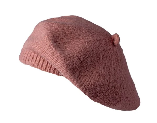 ピンク色のメスベレー帽は白地に隔離された 秋のアクセサリー — ストック写真