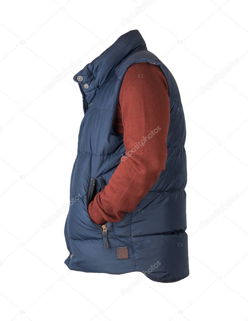 dark blue sleeveless jacket and dark red sweater isolated on white background. casual wear
